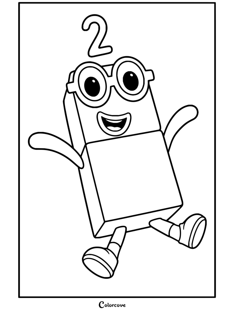 Coloriage du personnage Numberblocks Deux bondissant de joie avec ses lunettes et un large sourire.