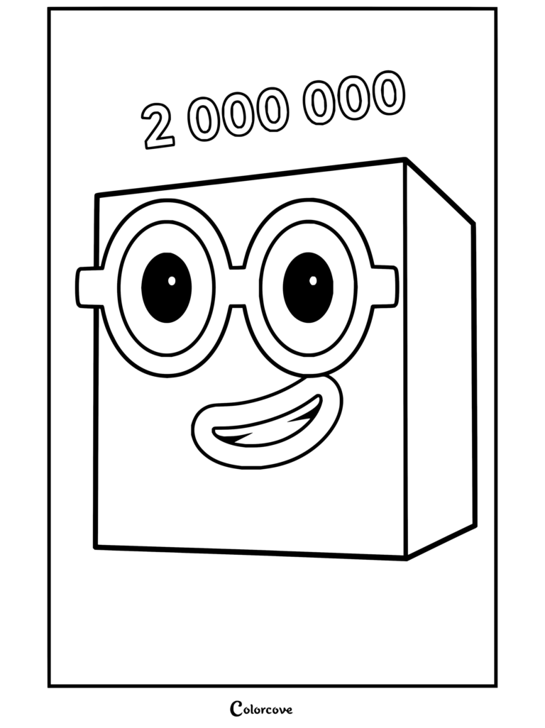 Coloriage de Deux Millions de Numberblocks mettant en scène un personnage orange avec des lunettes violettes et un sourire radieux.