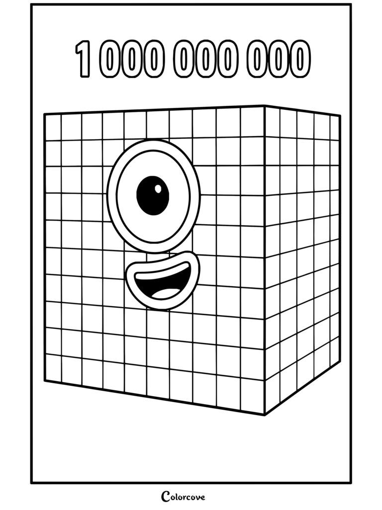 Coloriage du personnage Un Milliard de Numberblocks sous la forme d'un grand cube rouge souriant.