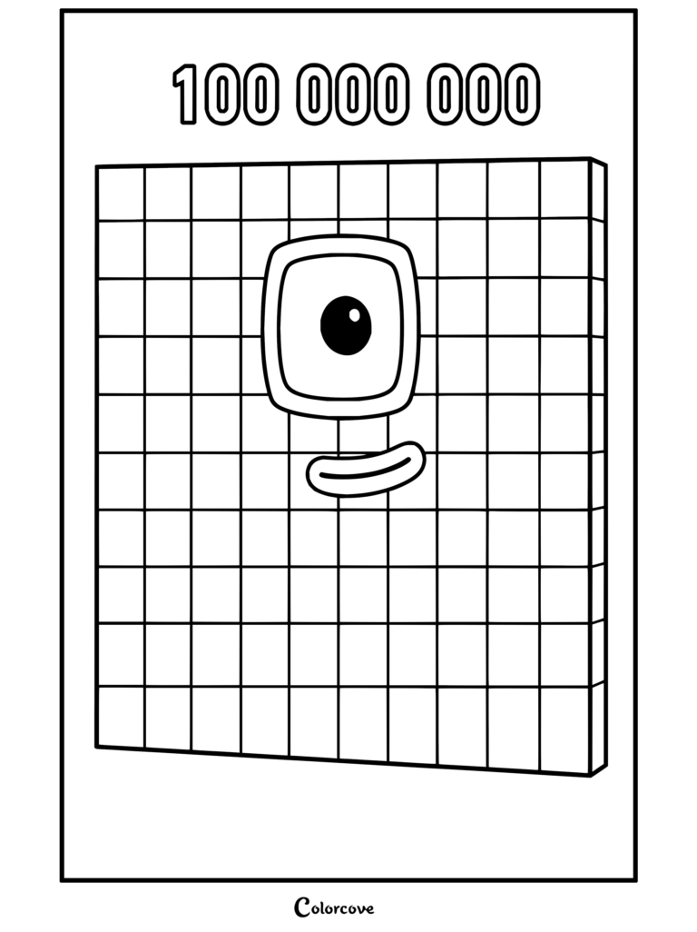 Coloriage de Cent Millions de Numberblocks représentant un visage souriant en grille carrée sur fond rouge.