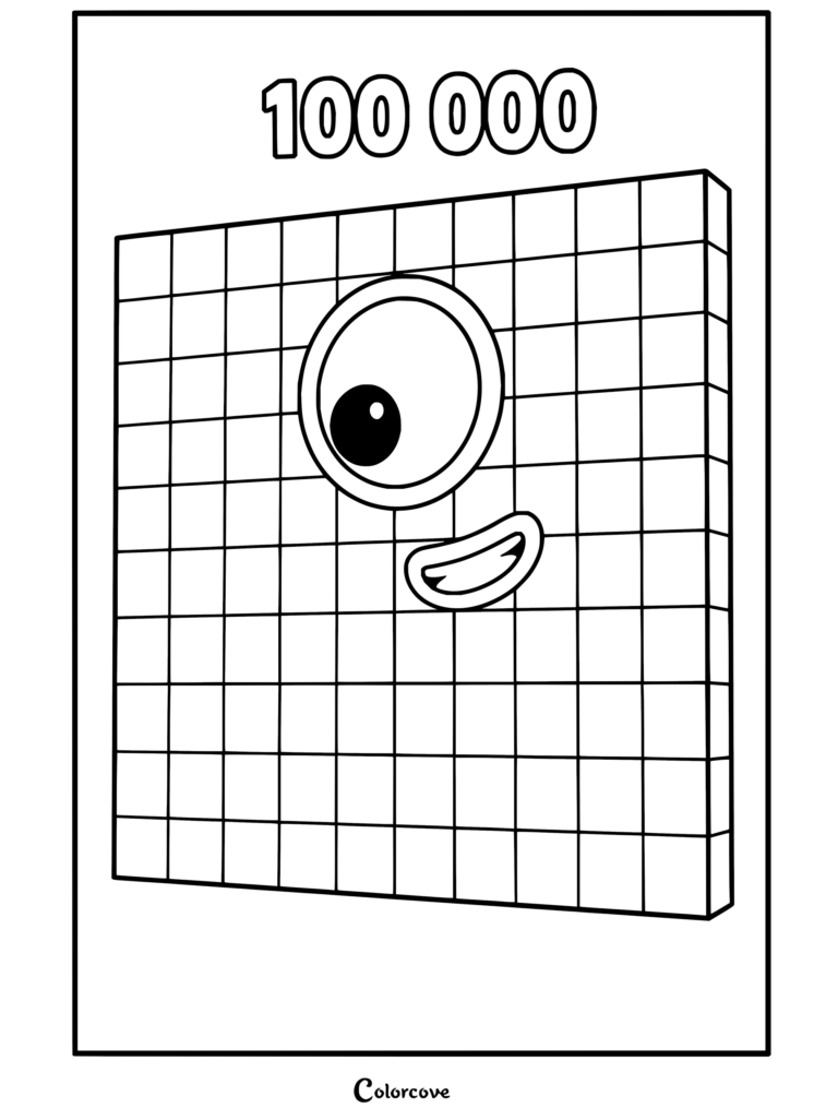 Un coloriage à imprimer du Numberblock Cent Mille souriant, avec un œil sur son corps carré à motif en damier.