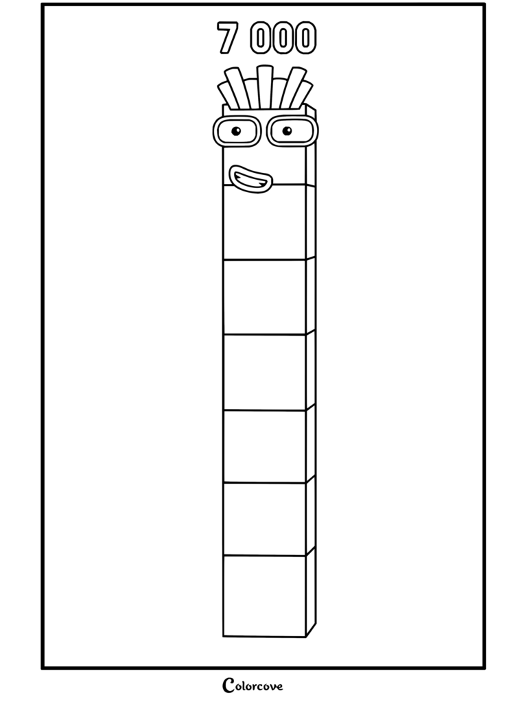 Coloriage à imprimer du personnage Numberblock Sept Mille, formant une haute tour avec des lunettes et une expression souriante.