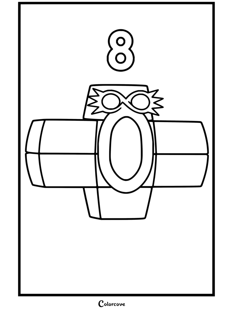Coloriage d'Octobloc de Numberblocks avec la bouche grande ouverte, poussant un cri ou pris de surprise.