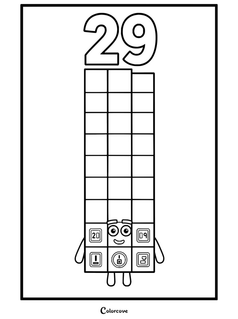 Coloriage Numberblocks Vingt-Neuf représentant Vingt-neuf avec un sourire débordant d'énergie, des yeux expressifs, des sourcils, des bras et des jambes, sous la forme d'une haute structure de blocs.