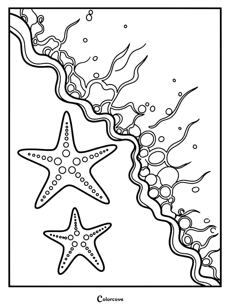 Página para colorear del océano con dos detalladas estrellas de mar descansando cerca de corrientes onduladas y burbujas