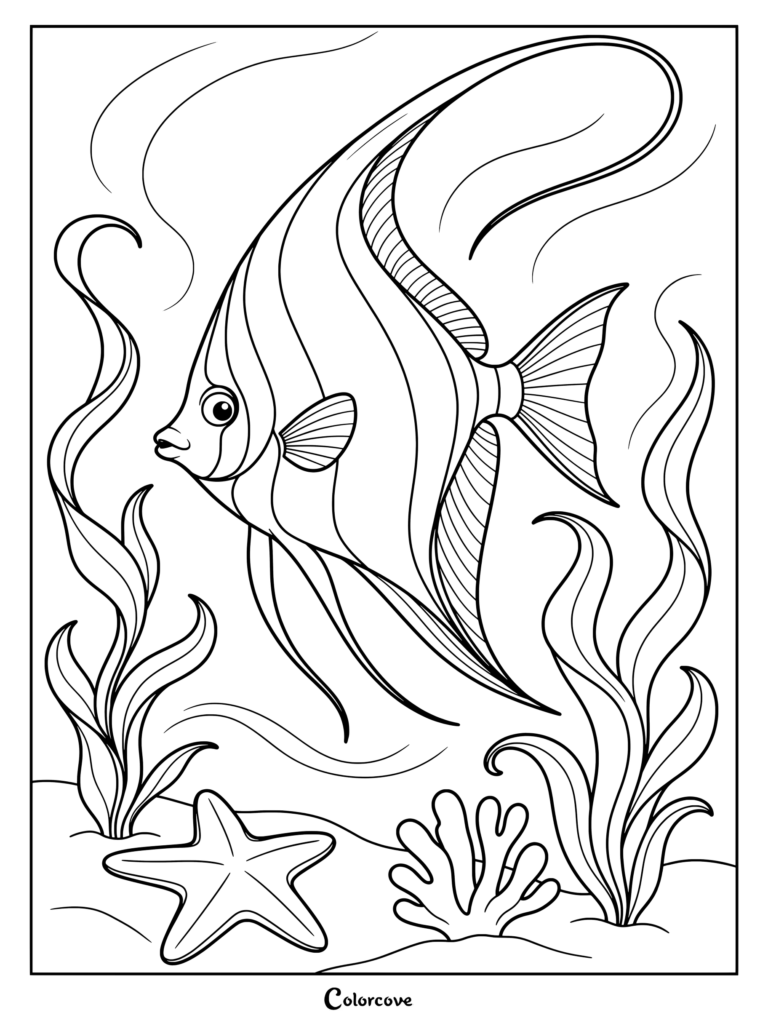 Dibujo para colorear de un ídolo moruno nadando entre algas y una estrella de mar