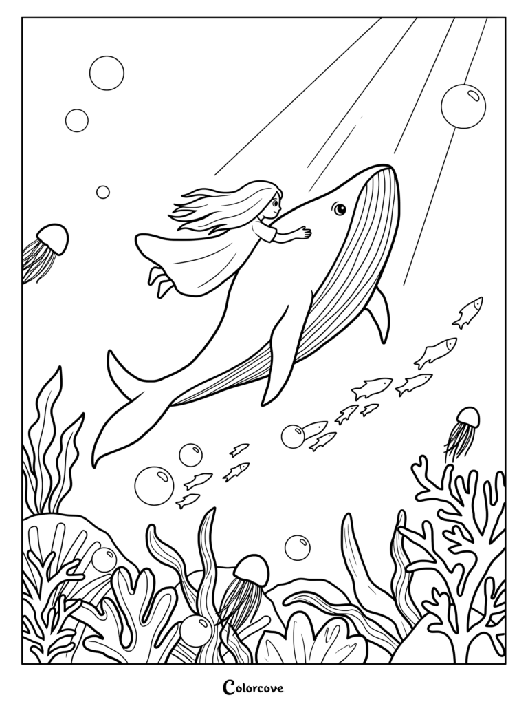 Página para colorear imprimible de una niña montada en una simpática ballena rodeada de pequeños peces, medusas y arrecifes de coral.
