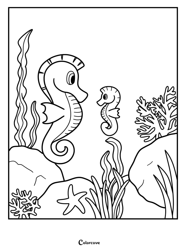 Dibujo para colorear del océano con un caballito de mar adulto y un bebé caballito de mar nadando cerca de rocas, coral y algas