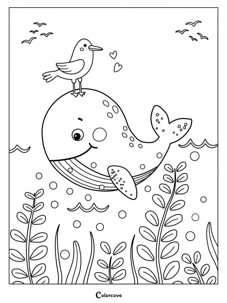 Página para colorear de una simpática ballena con un pájaro en la cabeza