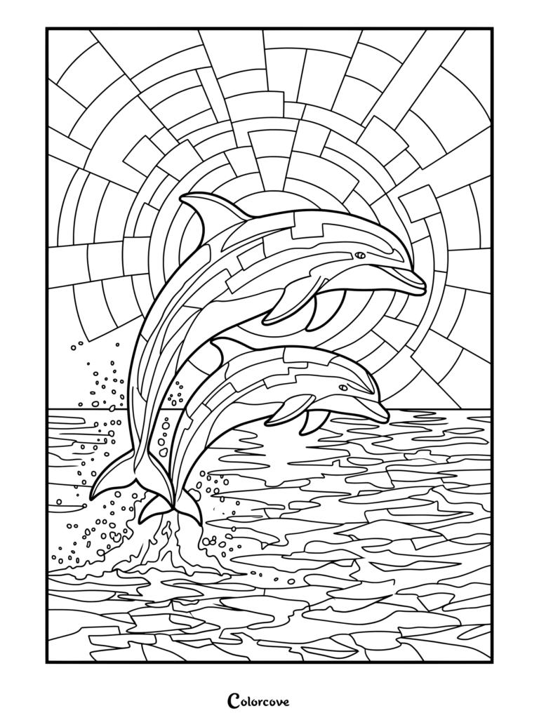 Dibujo para colorear de dos delfines saltando fuera del agua del océano frente a un patrón geométrico de vitral con rayos de sol
