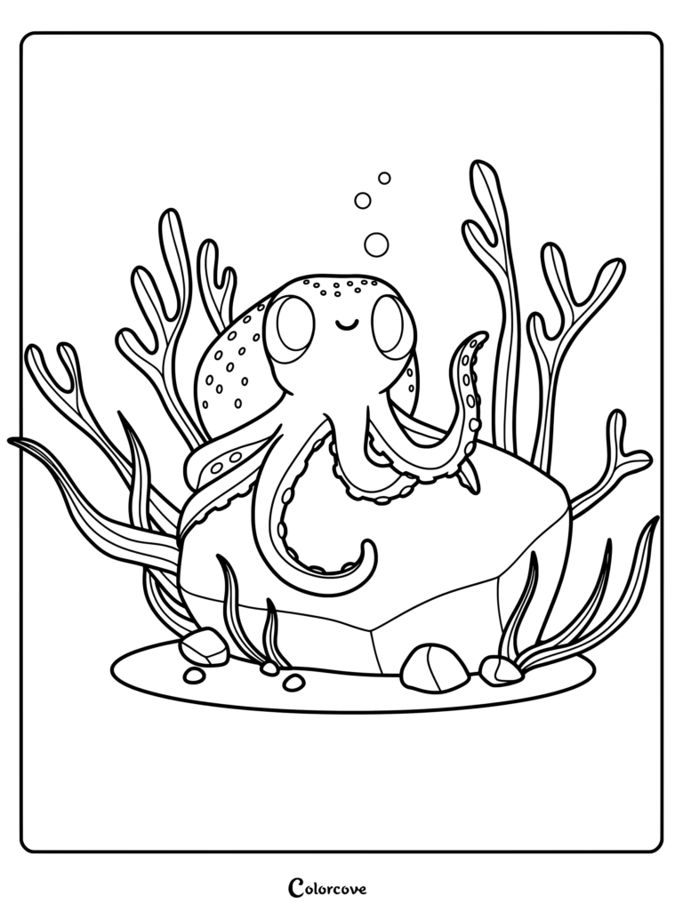 Dibujo para colorear de un amigable bebé pulpo sentado sobre una gran roca rodeado de plantas marinas