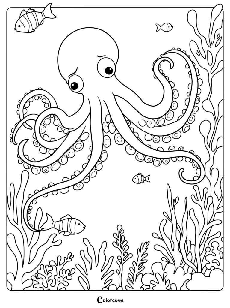 Un amigable pulpo nadando entre arrecifes de coral en este dibujo detallado para colorear.