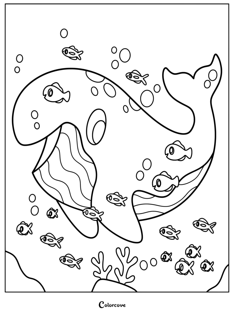 Página para colorear de una gran ballena nadando bajo el agua rodeada de pequeños peces y burbujas