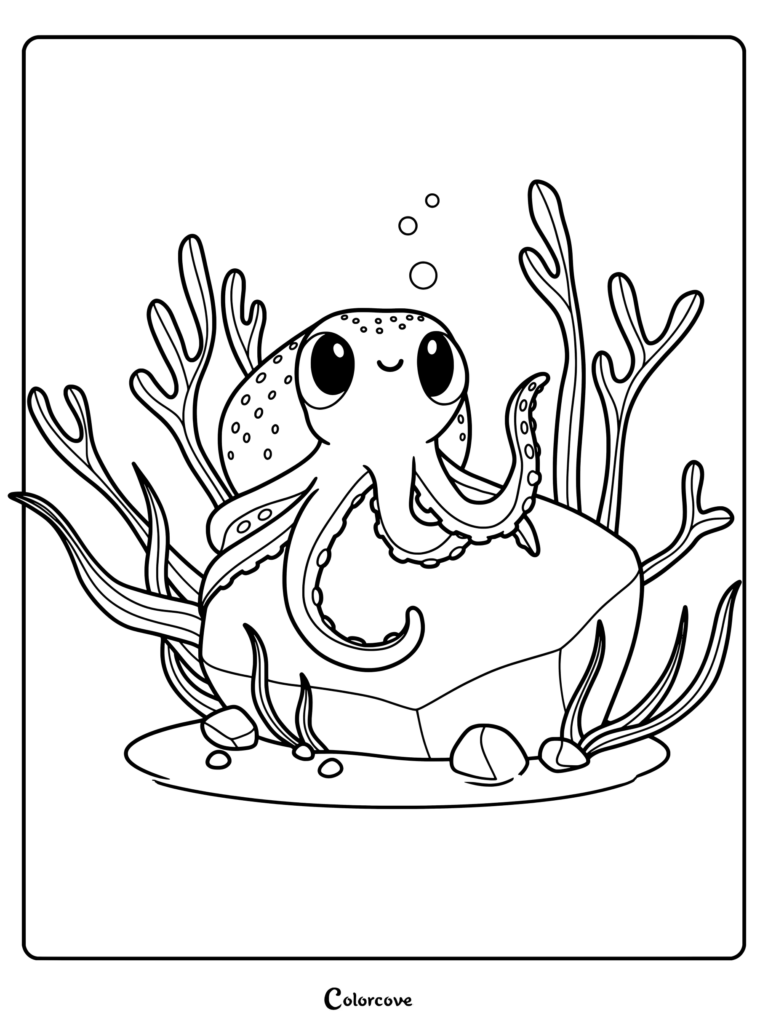 Dibujo para colorear de un tierno bebé pulpo descansando sobre una gran roca rodeado de algas y burbujas
