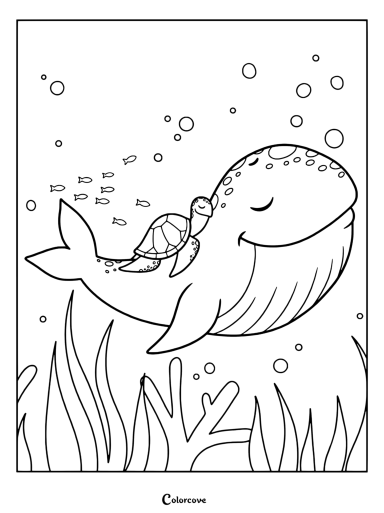 Página para colorear del océano con una ballena sonriente que lleva a una alegre tortuga marina en su lomo, con pequeños peces y burbujas