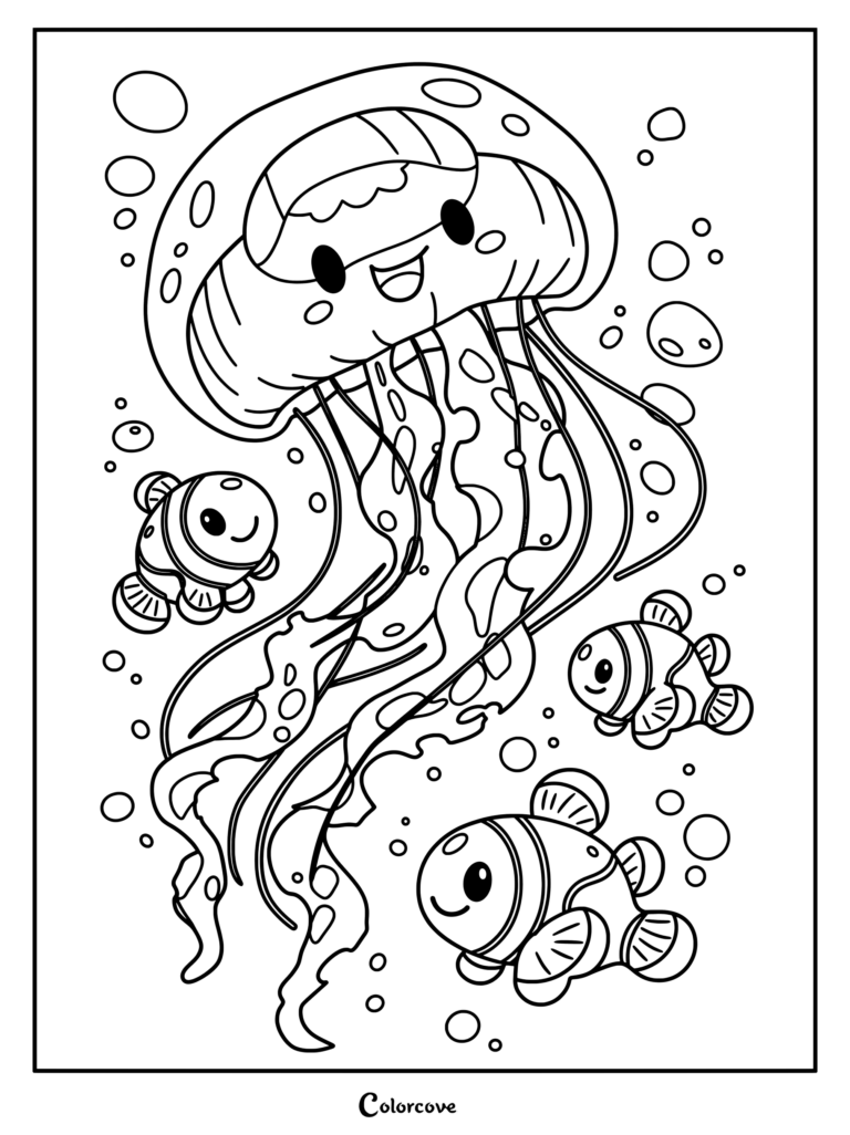 Dibujo para colorear de una escena del océano con una amigable medusa nadando junto a tres tiernos peces payaso