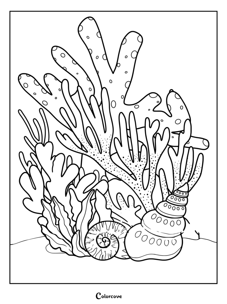 Página para colorear de corales y conchas marinas del océano, con varias formaciones de arrecifes submarinos y conchas marinas decorativas en el fondo marino de arena.