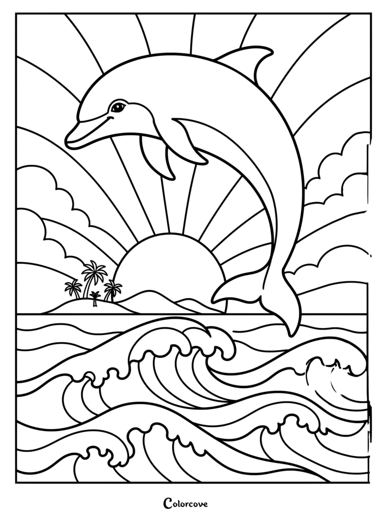 Un alegre delfín saltando de las olas del océano con una isla tropical y el sol poniente al fondo en este dibujo para colorear imprimible
