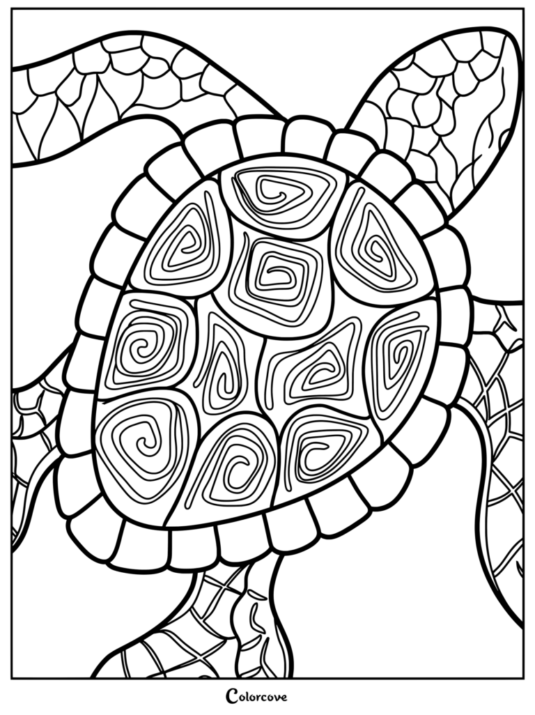 Dibujo para colorear de un mándala detallado de una tortuga marina con intrincados patrones de espiral en su caparazón y aletas