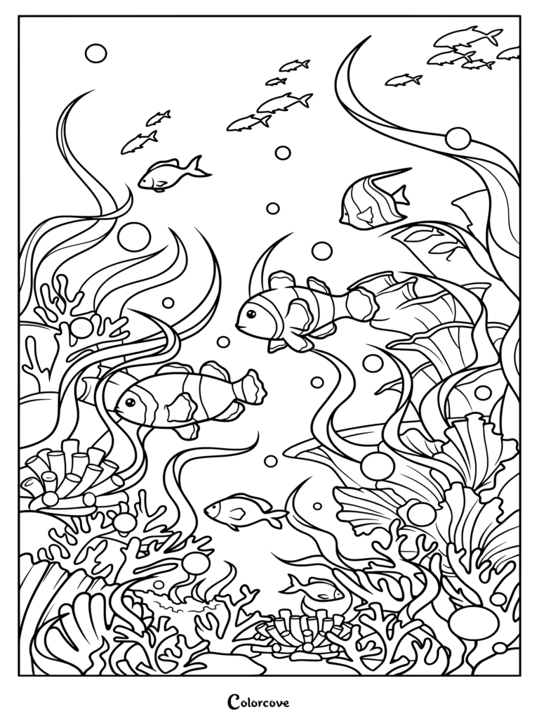 Página para colorear de una escena del océano detallada con peces payaso nadando entre arrecifes de coral y algas