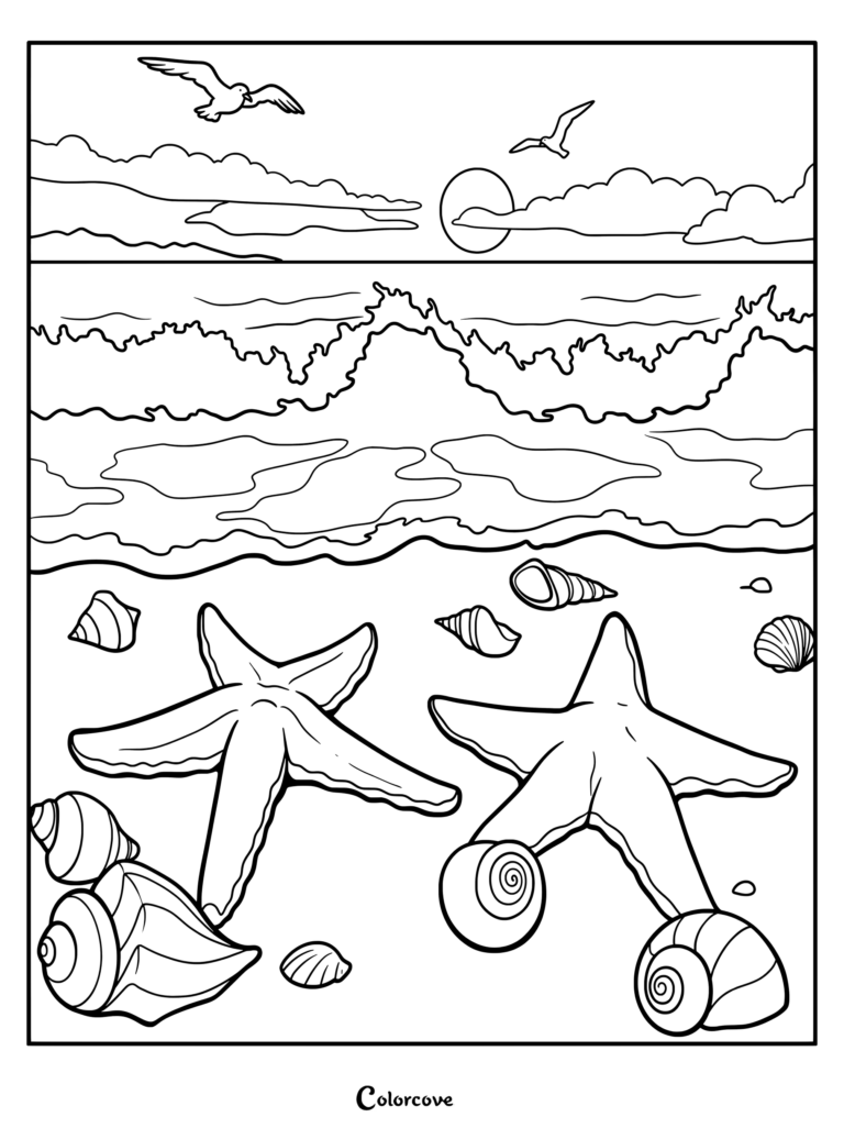 Página para colorear con dos estrellas de mar descansando en una playa de arena con conchas marinas, olas del océano y gaviotas en el cielo