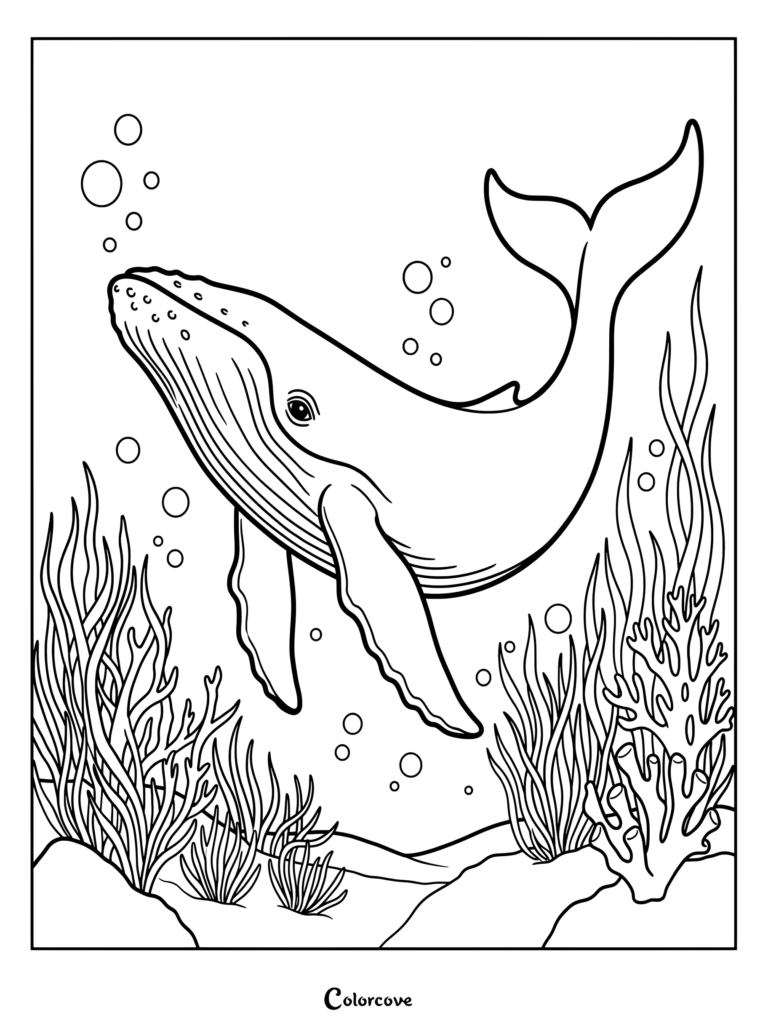 Página para colorear detallada de una ballena jorobada nadando con elegancia cerca de arrecifes de coral y burbujas.