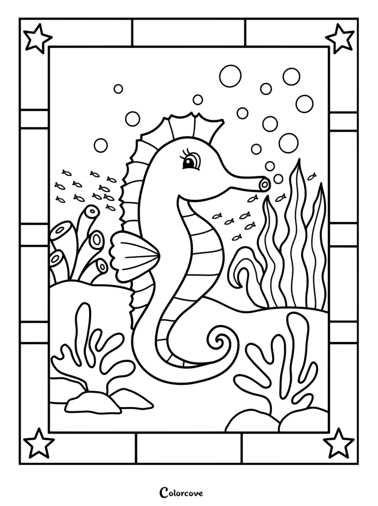 Página para colorear imprimible de un caballito de mar con un sonriente caballito de mar rodeado de arrecifes de coral y burbujas en el océano