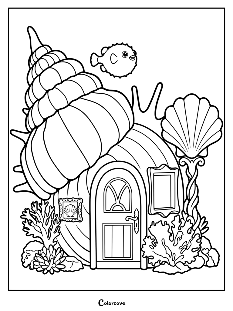 Página para colorear del océano con una casa de conchas marinas, que muestra una acogedora casita submarina hecha de grandes conchas en espiral con un sonriente pez globo nadando cerca.