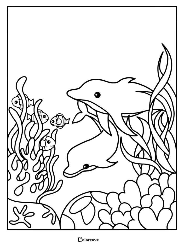 Dibujo para colorear de dos delfines nadando cerca de un arrecife de coral con peces pequeños
