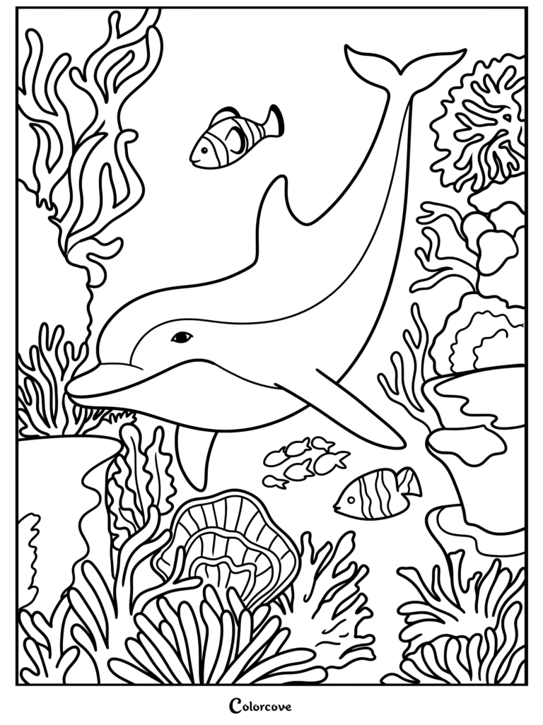 Dibujo para colorear de un delfín nadando en un arrecife de coral con peces payaso