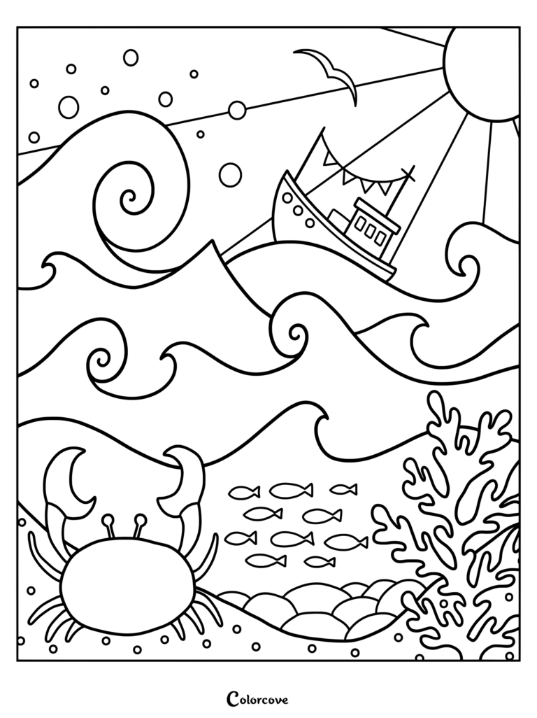 Página para colorear de una escena del océano que muestra un cangrejo en el fondo marino, un banco de peces, coral y un barco sobre las olas bajo el sol