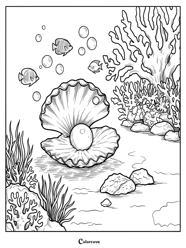 Página para colorear de una almeja gigante abierta que revela una perla brillante en el fondo del océano, rodeada por un arrecife de coral y peces nadando