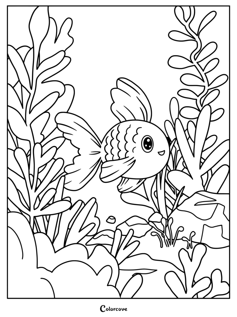 Página para colorear imprimible de un lindo pez redondo nadando entre algas altas y algas marinas en el fondo del océano