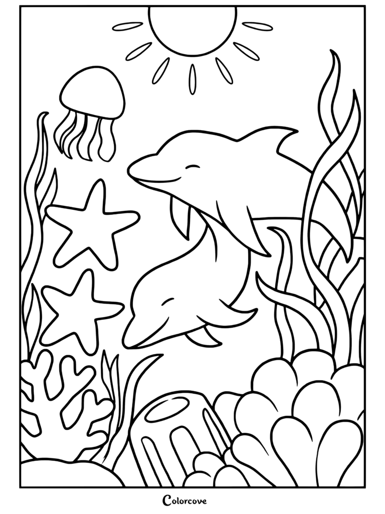 Dibujo para colorear del océano con dos delfines sonrientes nadando cerca de medusas, estrellas de mar, corales y algas bajo un sol brillante