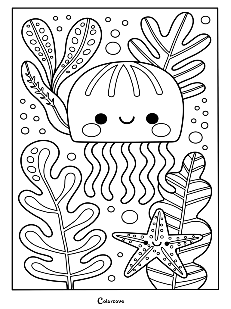 Un dibujo para colorear imprimible con una tierna medusa sonriente y una estrella de mar rodeadas de plantas del océano y burbujas