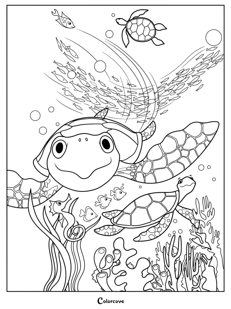 Dibujo para colorear de un arrecife de coral con detalladas tortugas marinas nadando bajo el agua junto a un gran banco de peces pequeños y caballitos de mar