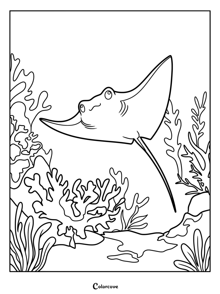 Una amigable raya nadando cerca de arrecifes de coral en este dibujo para colorear del océano