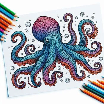 Colorful octopus coloring page with intricate details, surrounded by colored pencils in various shades. Perfect for kids and adults.