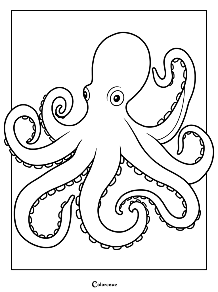 Friendly octopus coloring page featuring detailed tentacles and suction cups