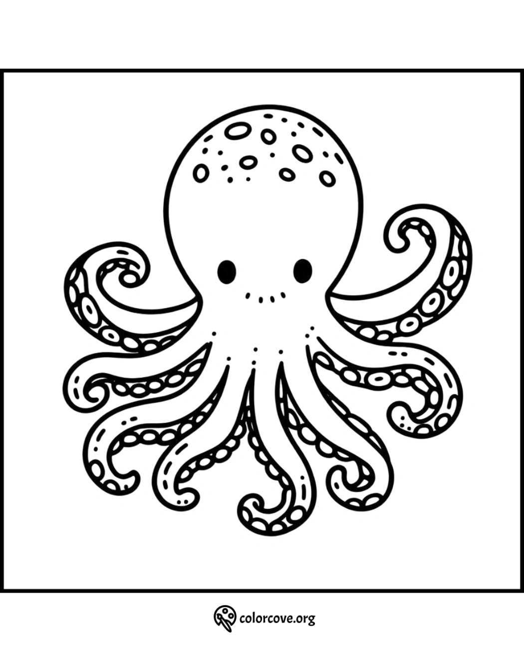 Octopus coloring page for kids and adults, featuring a cute cartoon octopus with detailed tentacles.