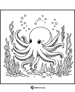 Octopus coloring page with seaweed, bubbles, and ocean floor background. Perfect for kids to color and enjoy.