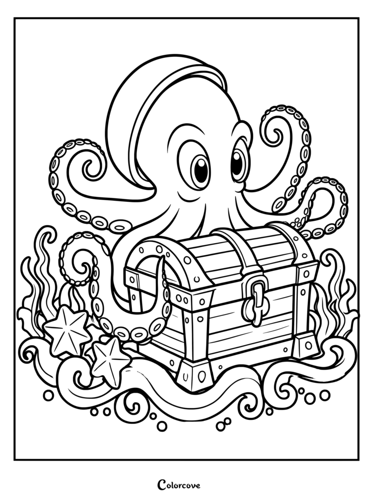 Friendly octopus guarding a wooden treasure chest surrounded by seaweed and starfish in this free printable coloring page