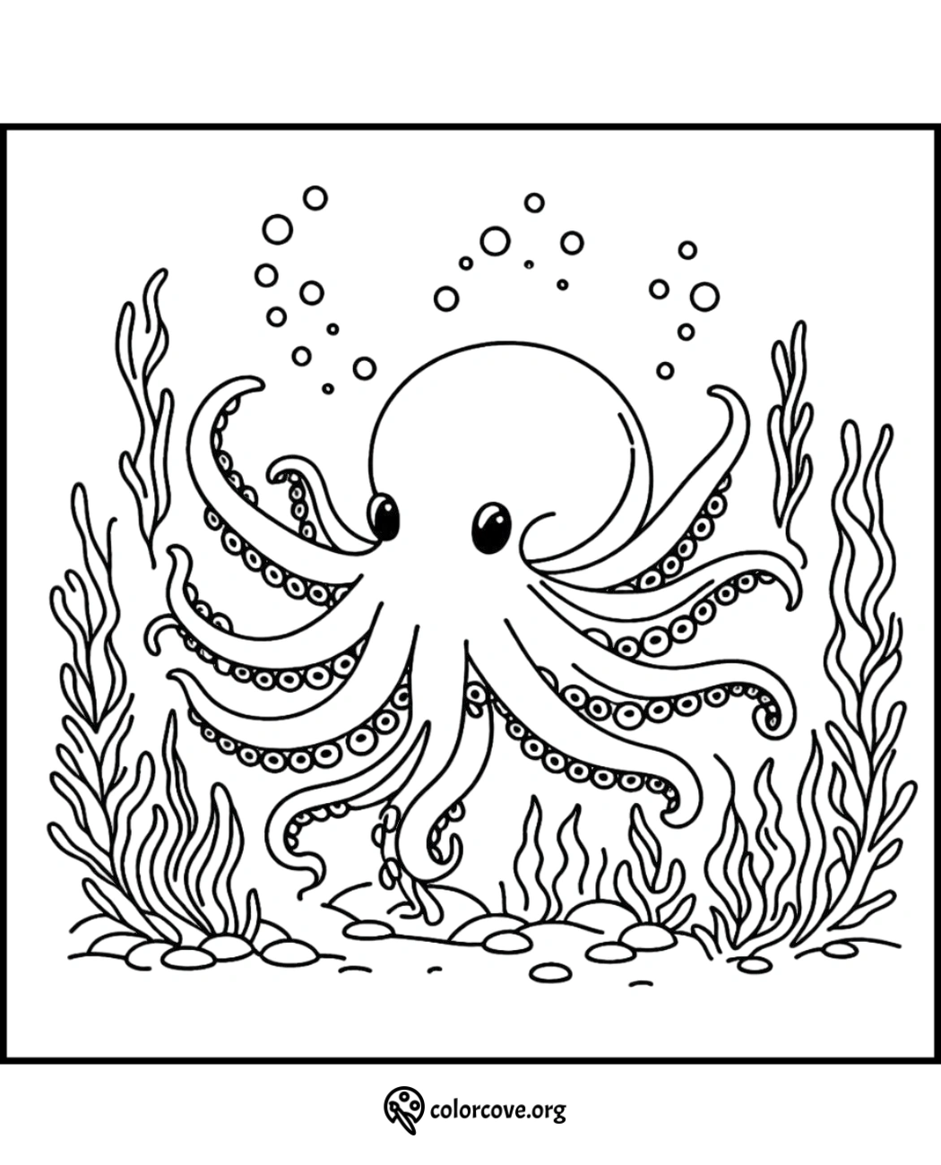 Octopus coloring page with seaweed, bubbles, and ocean floor background. Perfect for kids to color and enjoy.