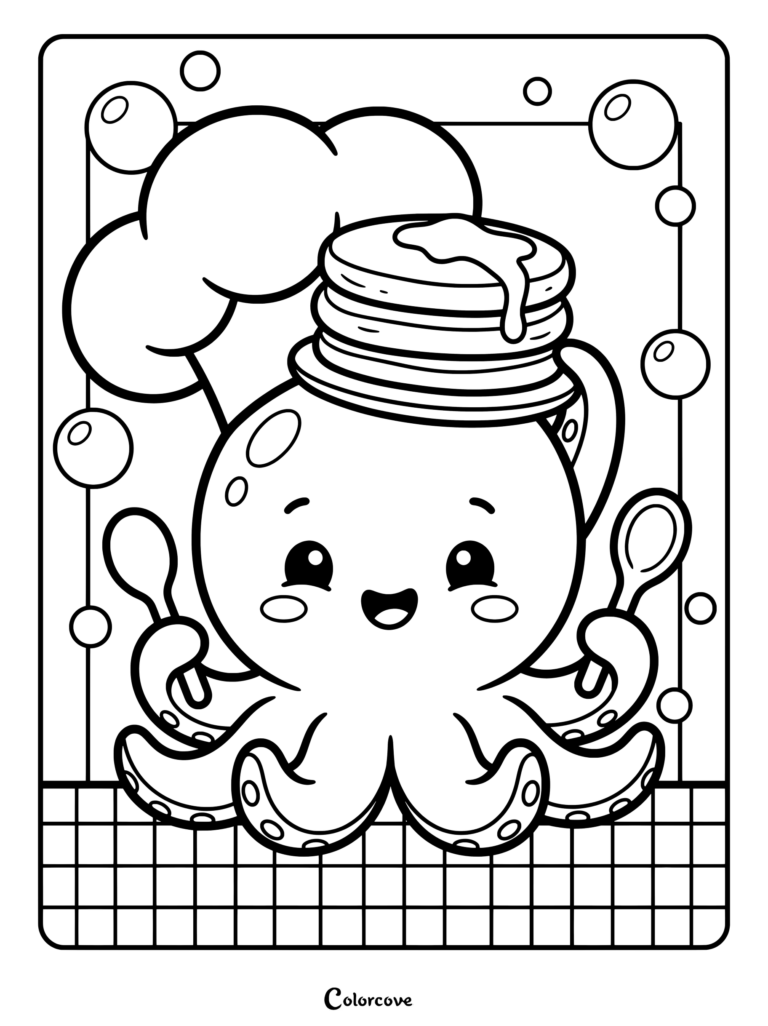 A cute octopus wearing a chef hat and balancing a stack of pancakes with syrup on its head while holding spoons, featured in a coloring page.