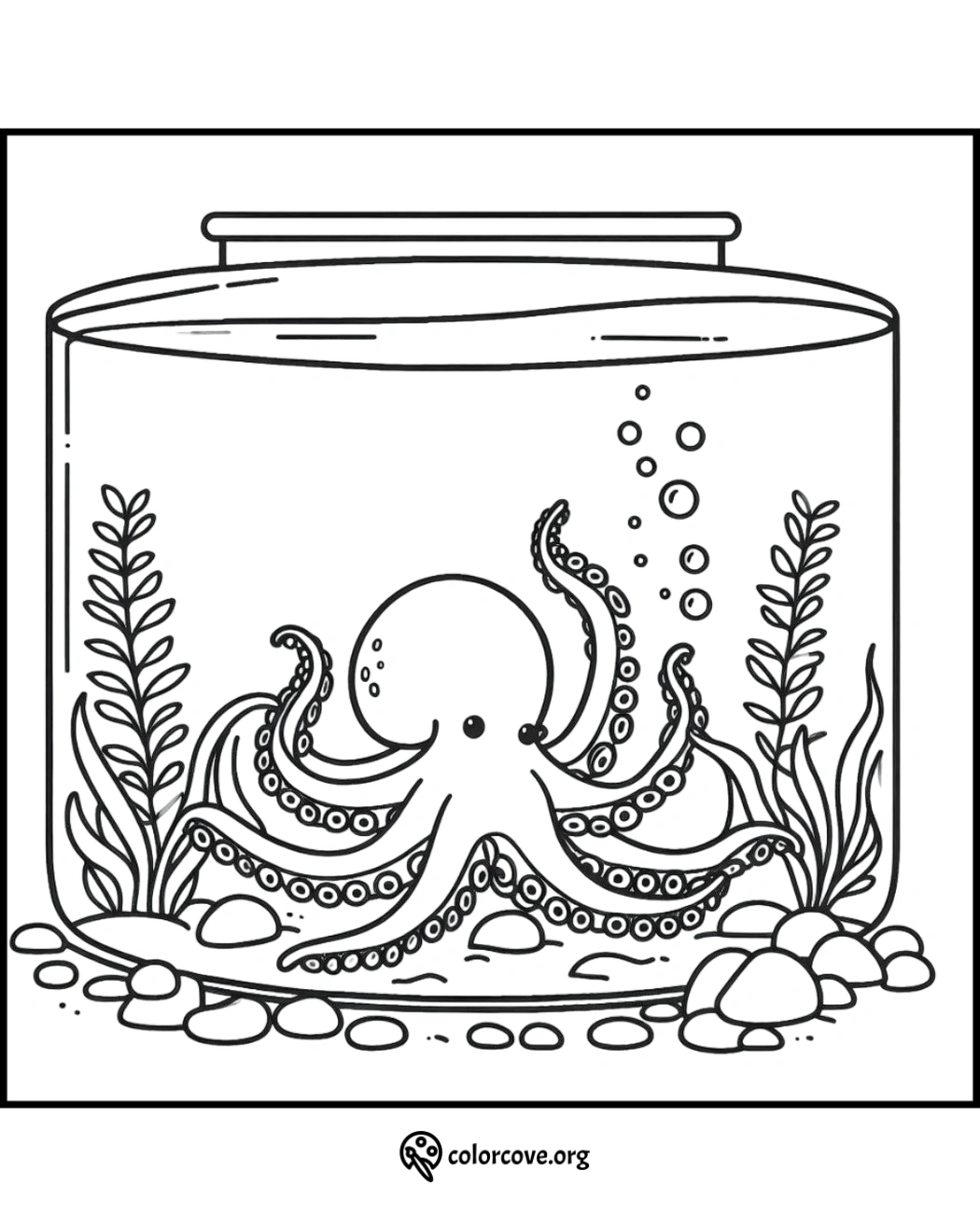 Coloring page of a cute octopus in an aquarium with sea plants and bubbles. Perfect for kids and marine life enthusiasts.