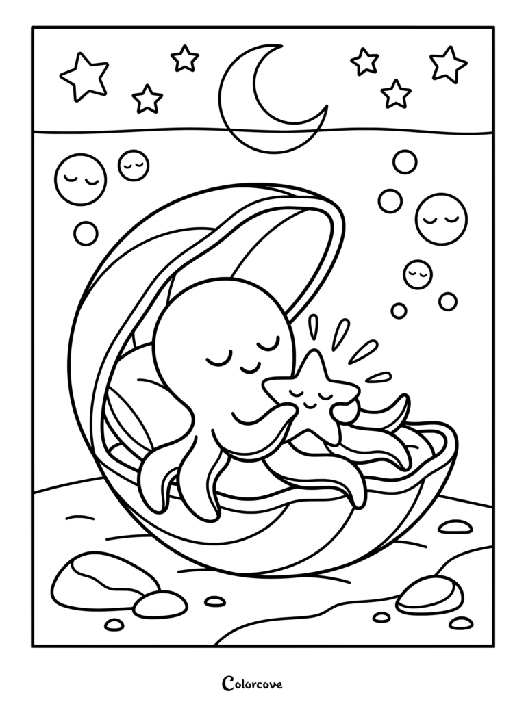 A cute octopus sleeping inside a giant seashell bed holding a starfish, coloring page