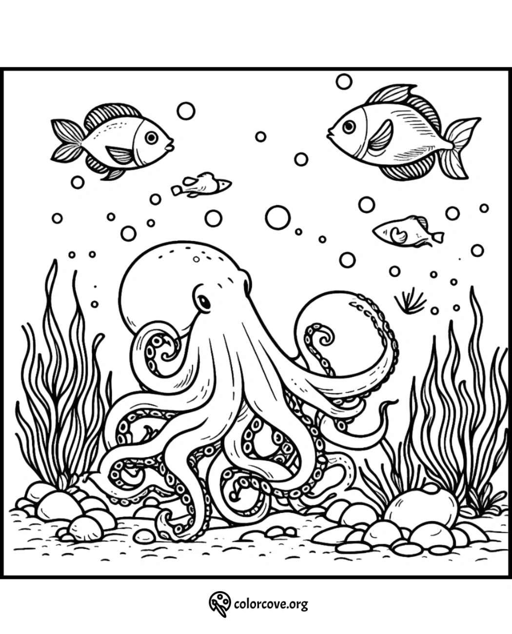 Octopus underwater coloring page with fish, seaweed, and bubbles. Fun marine life activity for kids.