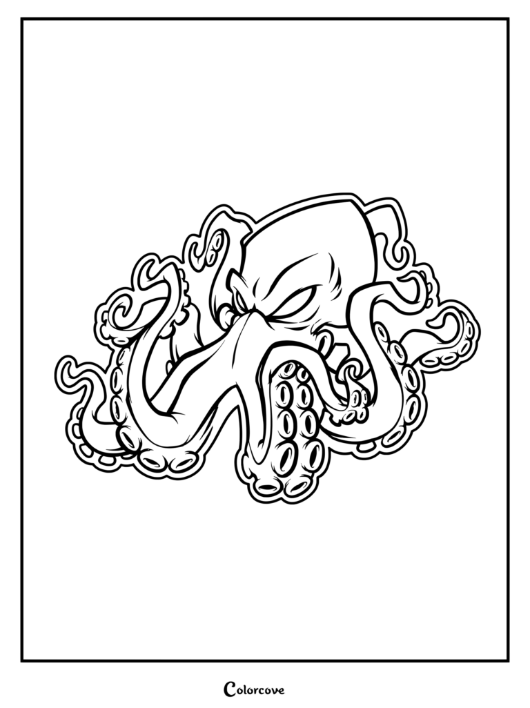 A fierce octopus coloring page featuring a detailed sea creature with curved tentacles and suction cups.