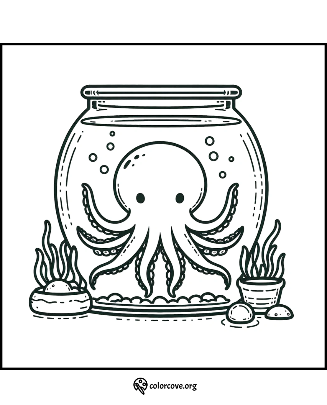 Cute octopus coloring page in a fishbowl with sea decorations, perfect for kids' activities and marine-themed fun.