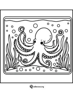 Octopus coloring page for kids featuring a cute underwater scene with seaweed and bubbles. Ideal for ocean-themed coloring fun.